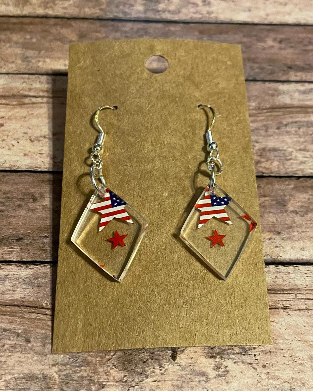 Stars & Stripes clear acrylic diamond shapped dangle earrings