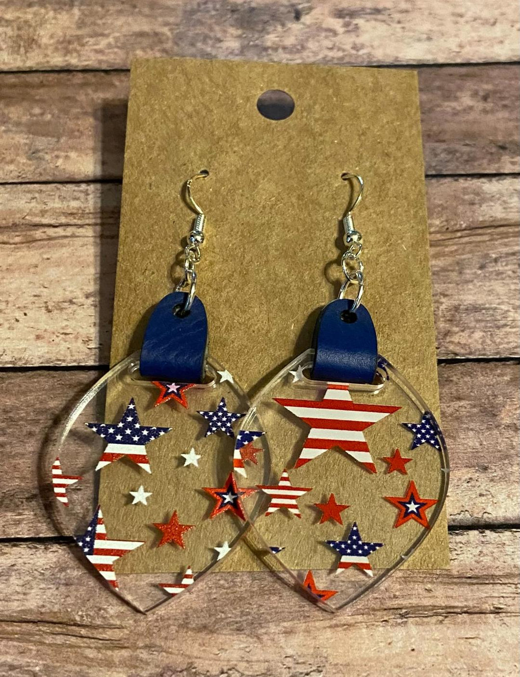 Patriotic  clear acrylic dangle earrings w/blue leather cuff