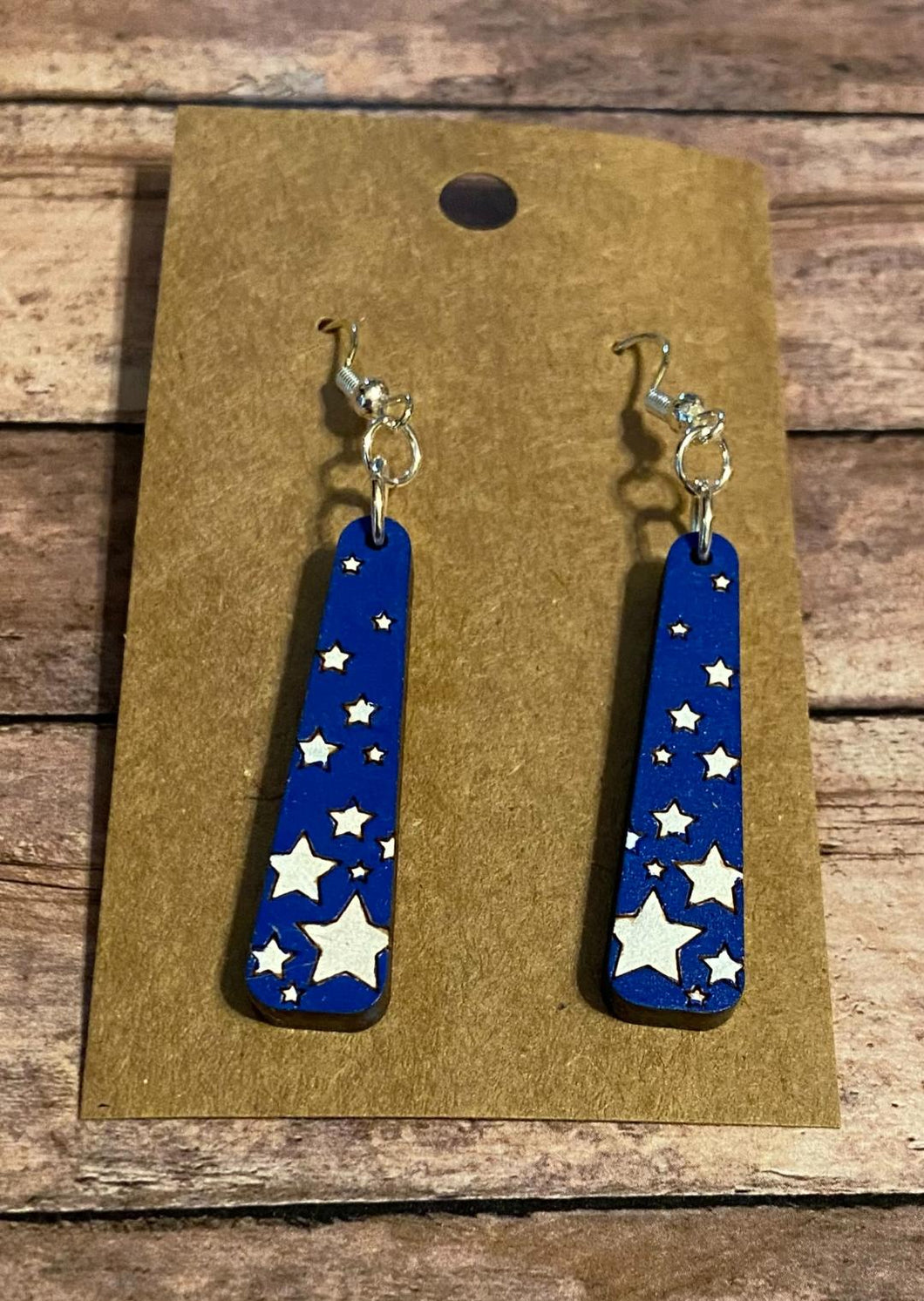 Patriotic - blue bar with white stars wood dangle earrings