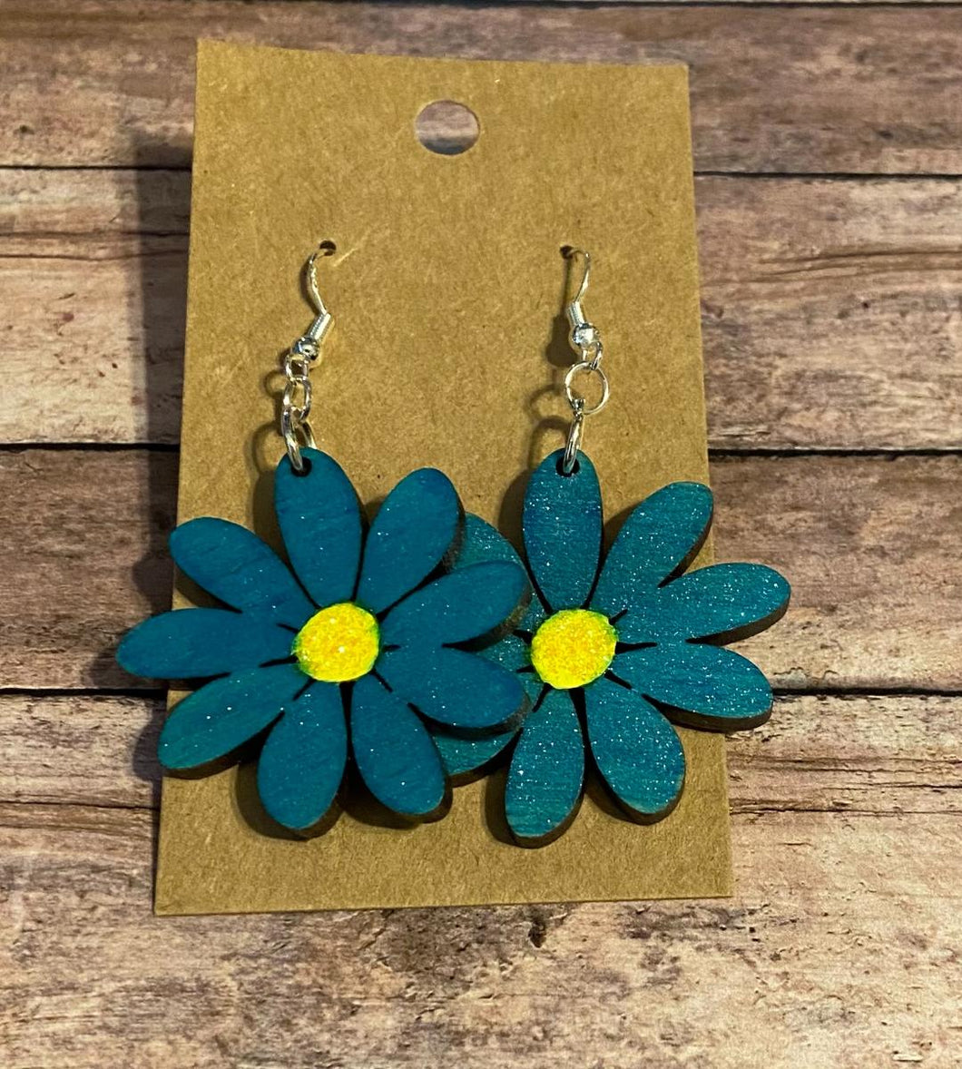 Blue daisy wood dangle earrings