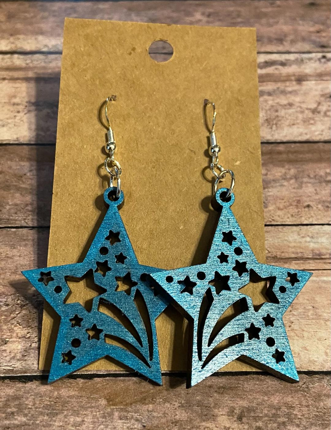 Star blue with star cutouts - wood dangle earrings