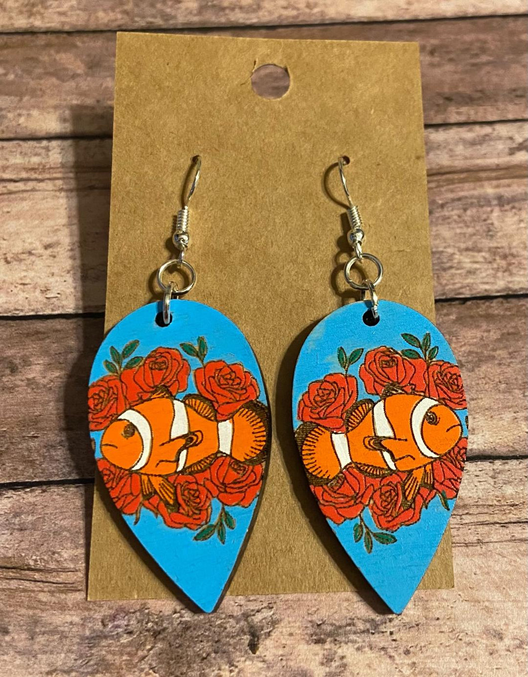 Fish and roses wood dangle earrings