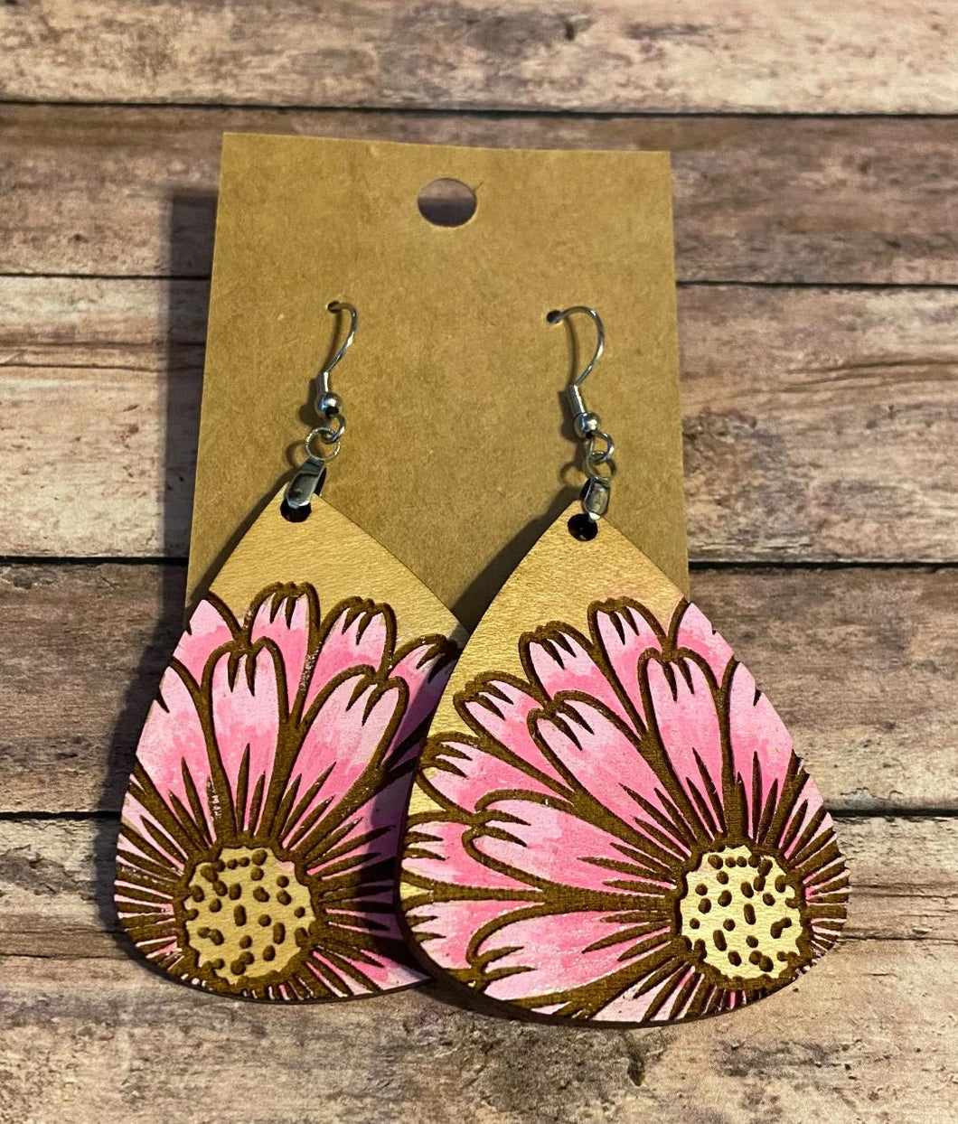 Pink flower wood dangle earrings