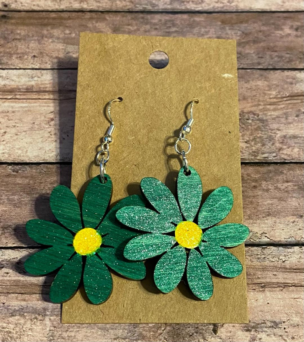 Green daisy wood dangle earrings