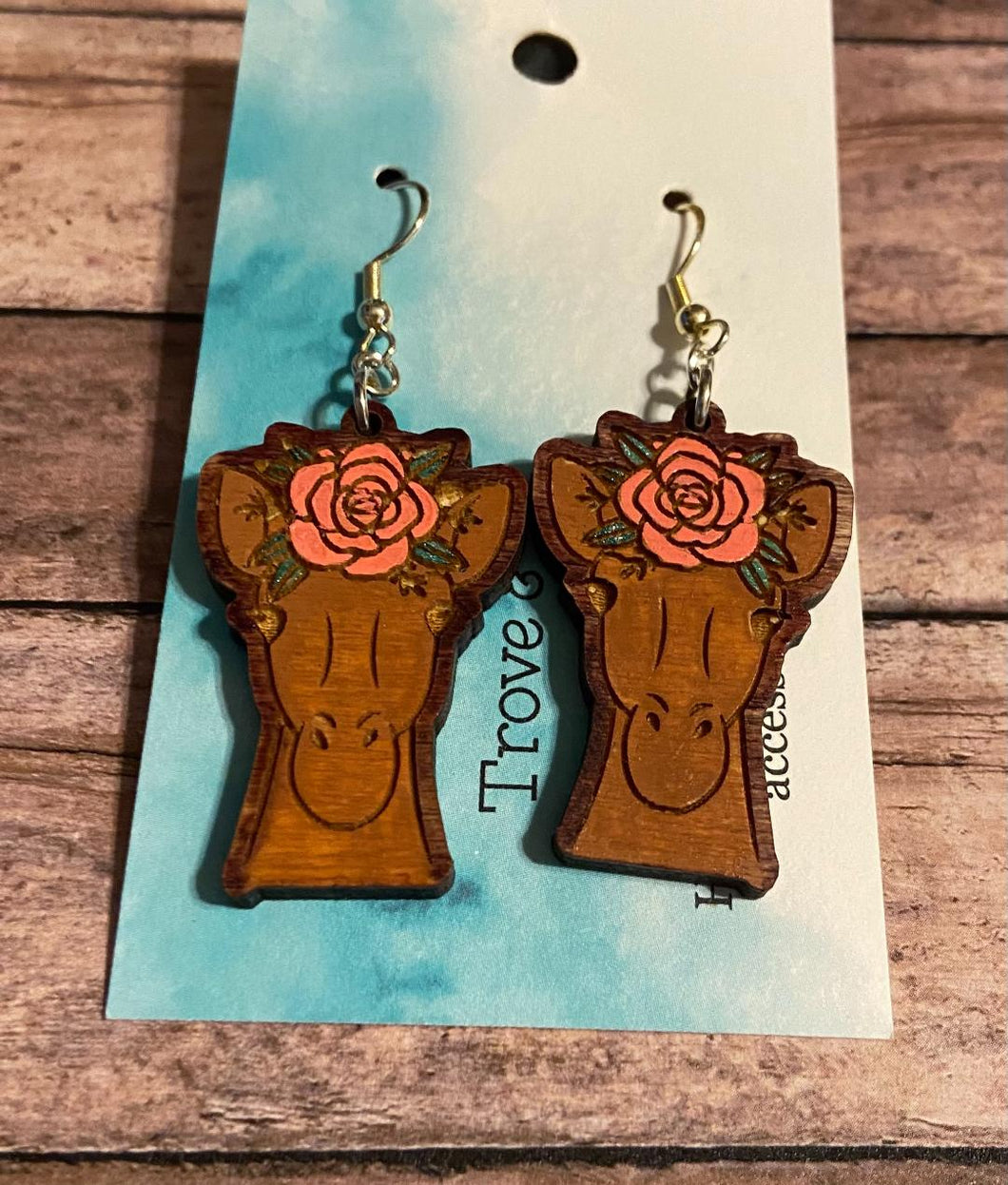 Horse with flower wood dangle earrings