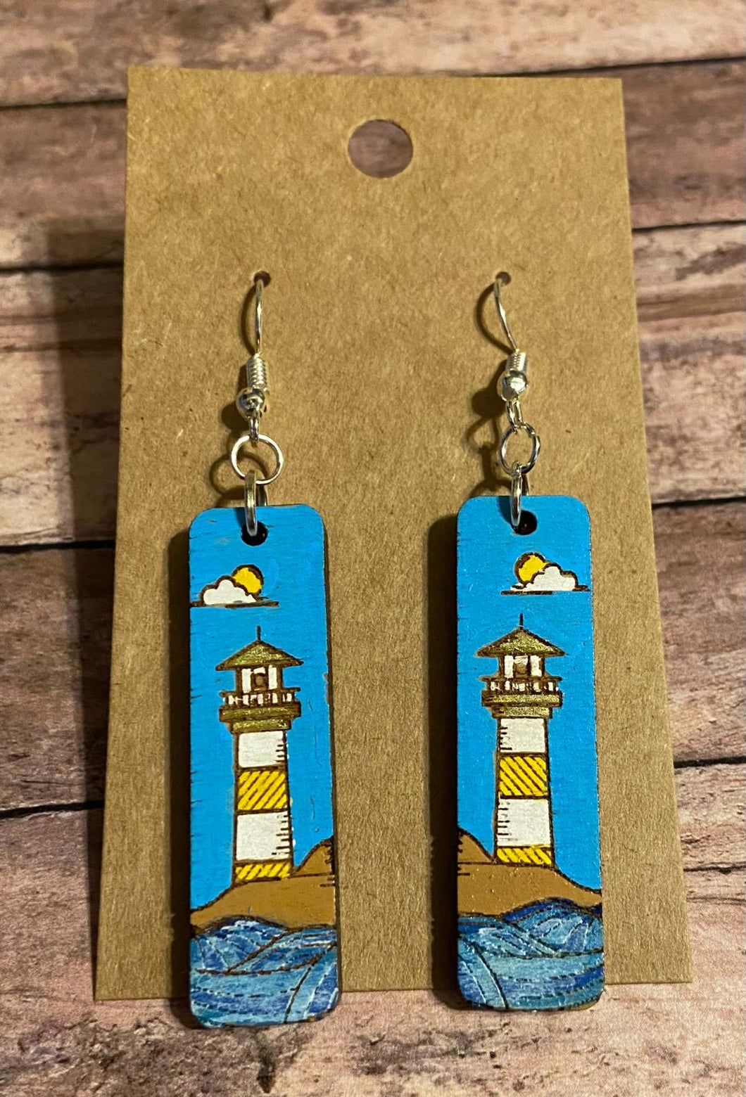 Lighthouse wood dangle earrings