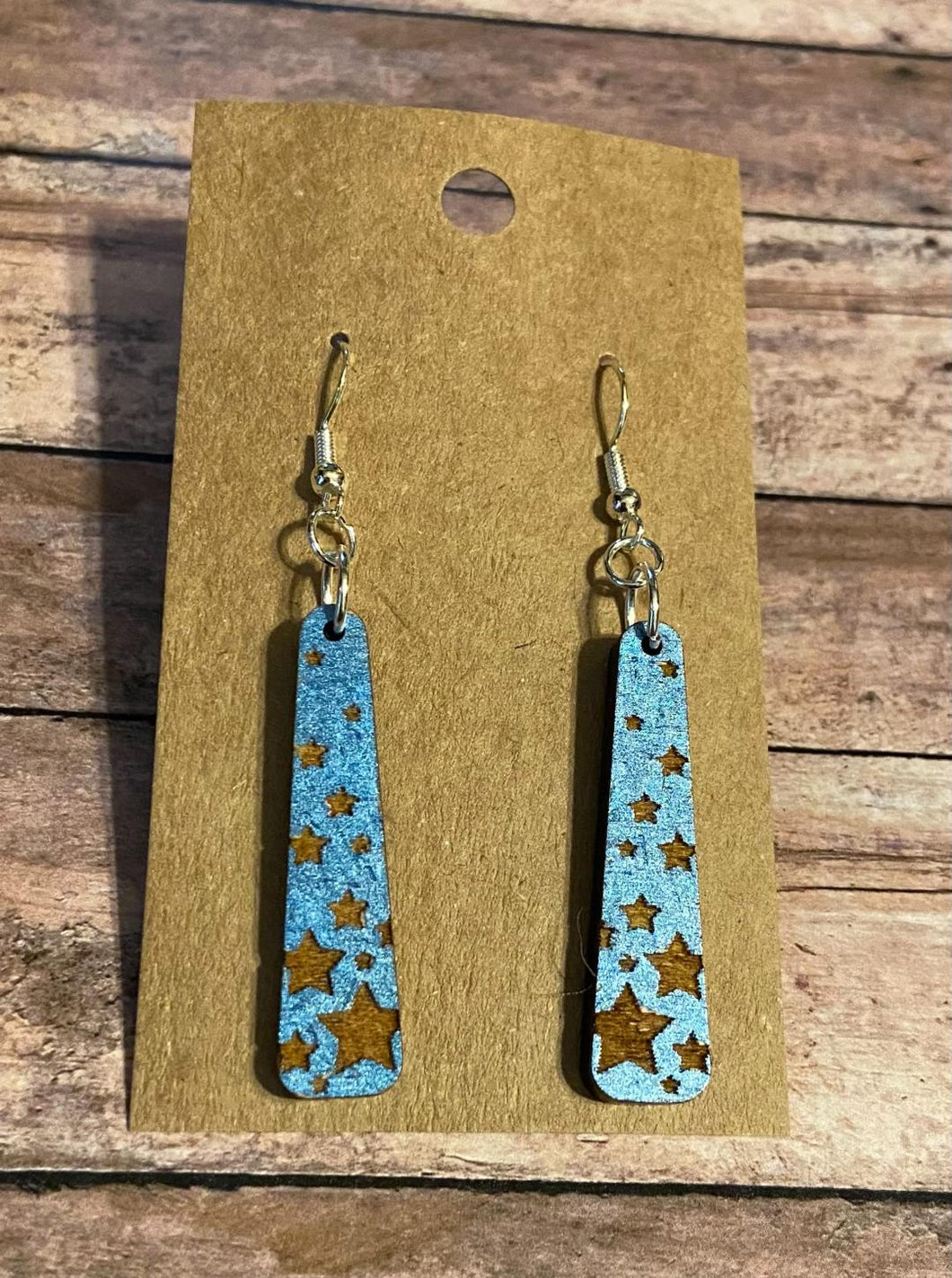 Patriotic - metallic blue bar with stars wood dangle earrings