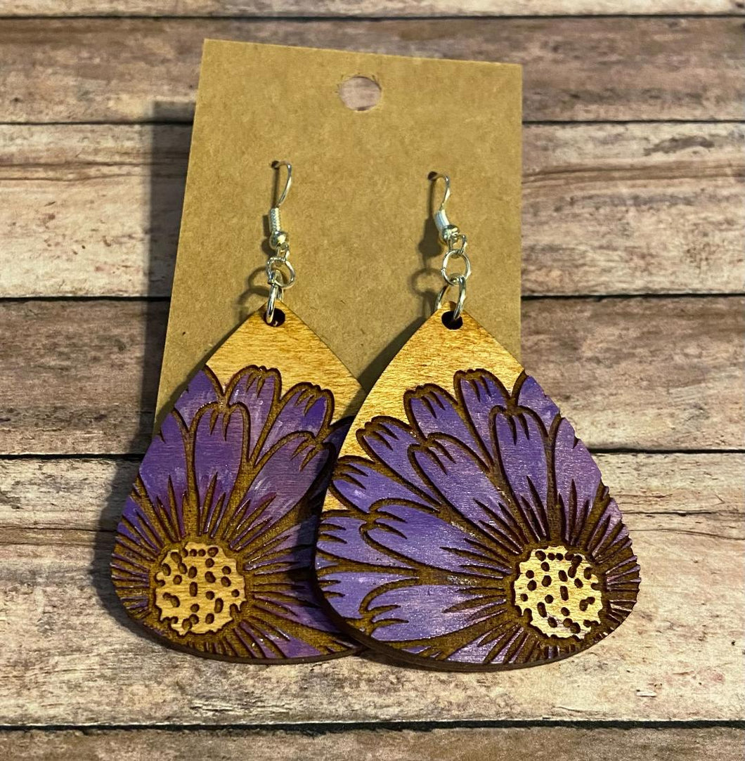 Purple flower wood dangle earrings