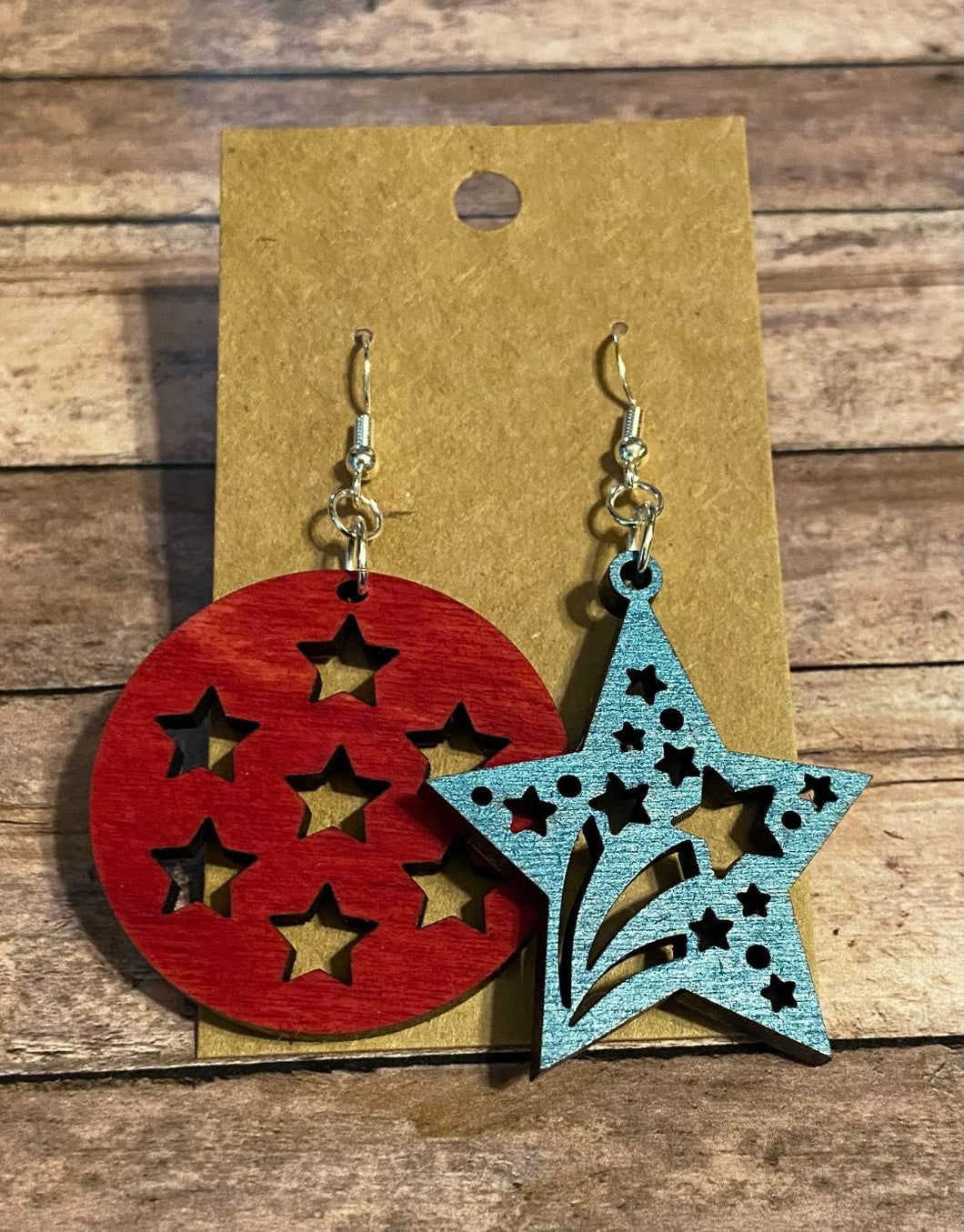 Patriotic red circle and blue stars with star cutouts wood dangle earrings