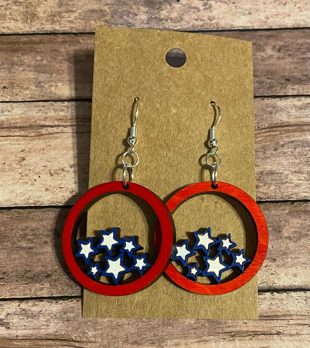 Patriotic - red circle with stars wood dangle earrings