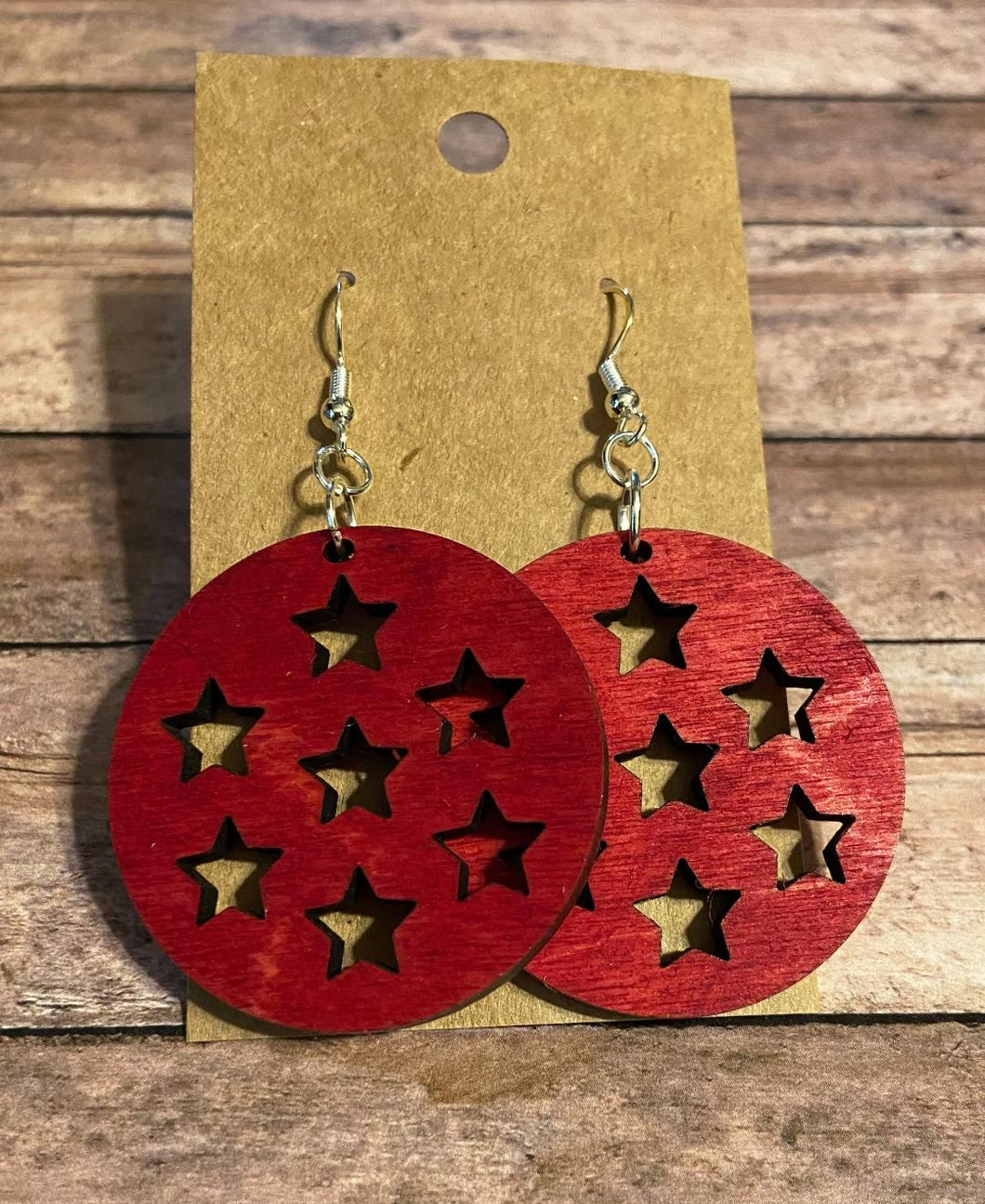 Circle -red- with star cutouts - wood dangle earrings