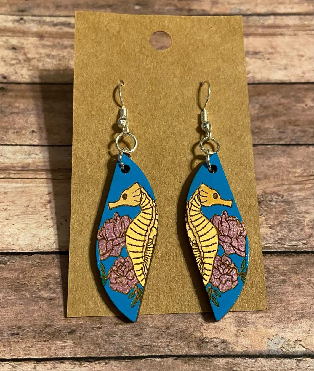 Seahorse with flowers wood dangle earrings