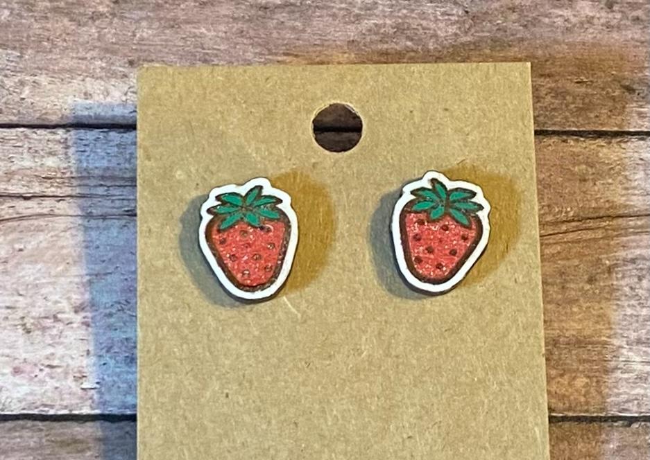 Strawberry wood stud earrings