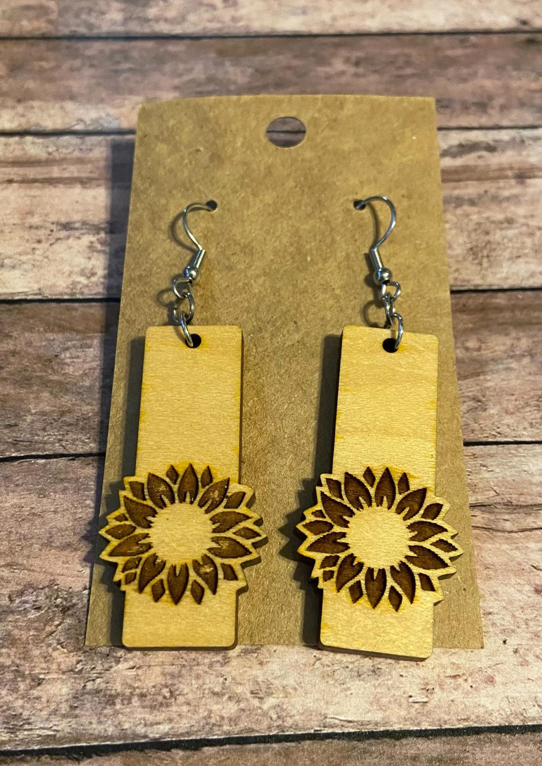 Sunflower rectangle bar wood dangle earrings