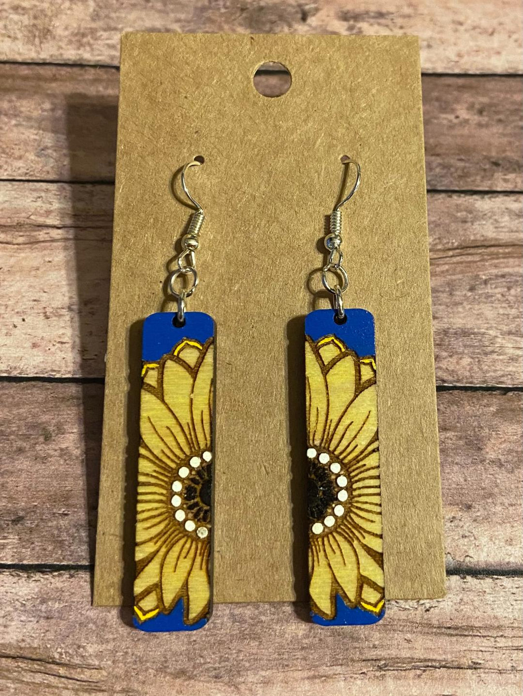 Sunflower rectangle bar wood dangle earrings