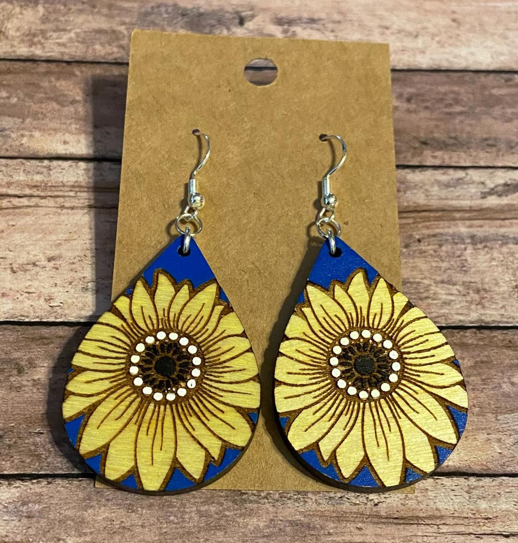 Sunflower tear drop wood dangle earrings