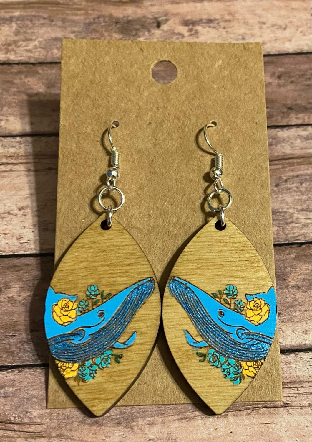 Whale wood dangle earrings