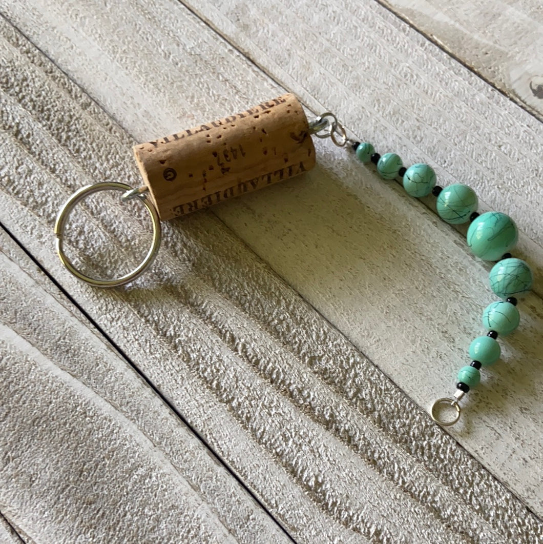 Turquoise beaded wine cork keychain