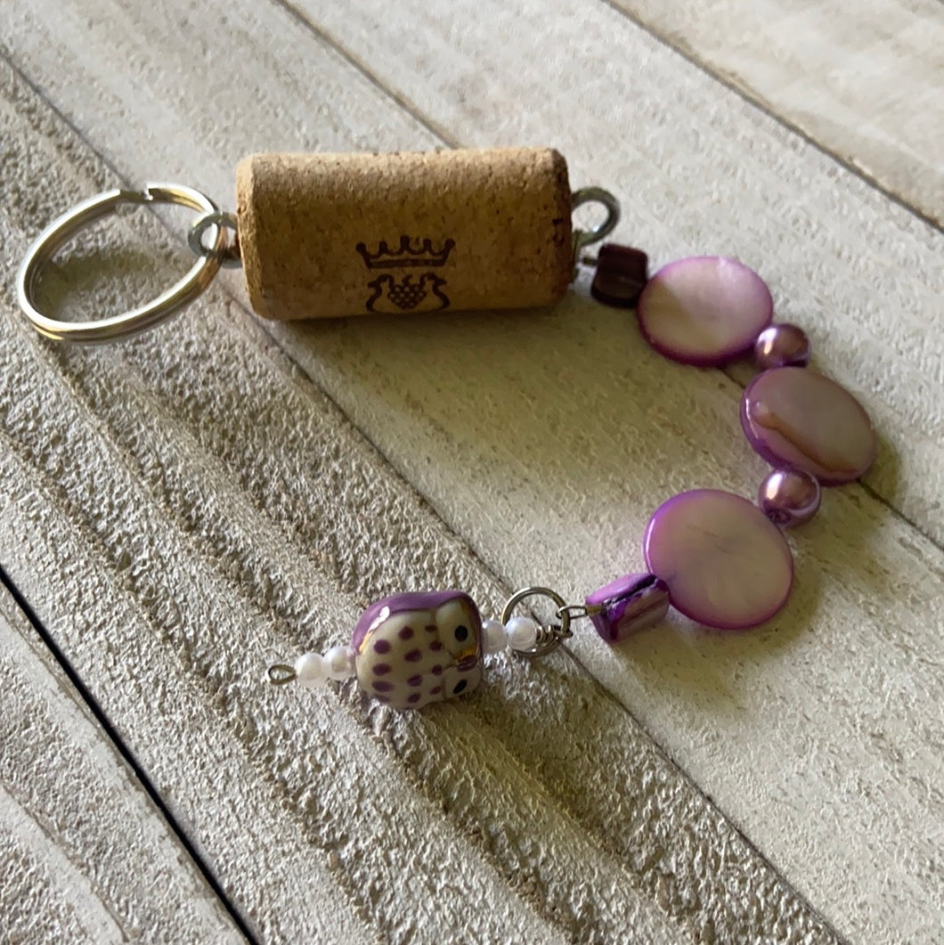 Purple owl wine cork keychain